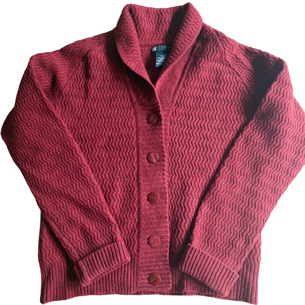VTG Carole Little 90's Y2K Red 100% Lambswool Shawl Collar Cardigan Sweater XL‎